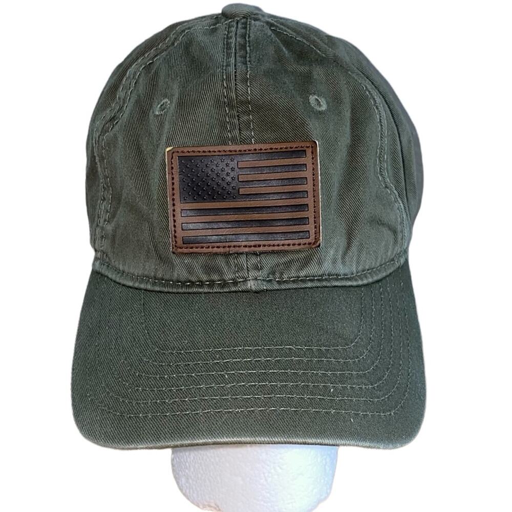 American Flag Leather Patch Olive‎ Dad Hat Adjustable Baseball Cap USA